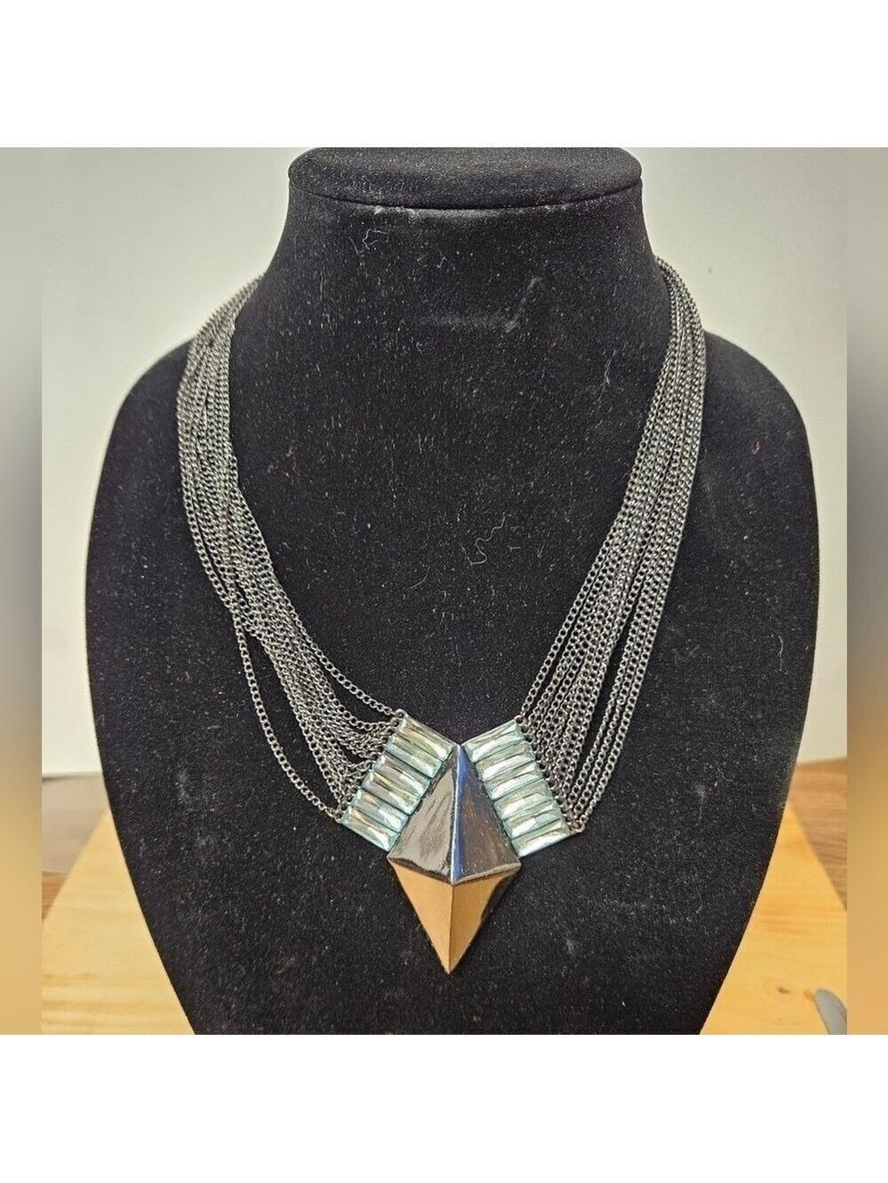 Vintage Black Metal Alloy with Transparent Green Glass Multi-strand Necklace